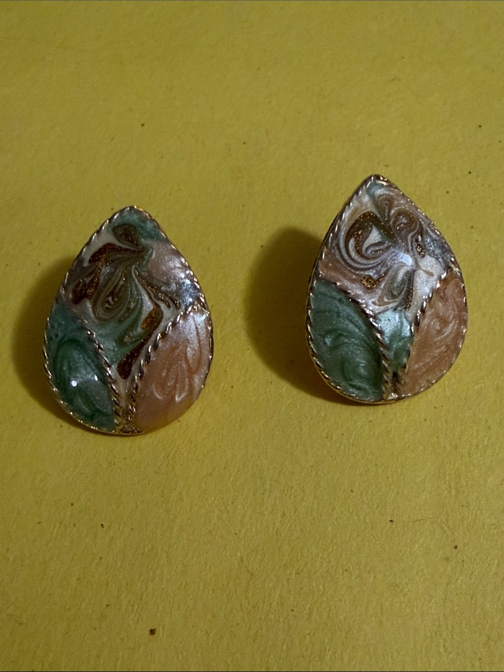 Teardrop Multicolor Enamel Stud Earrings - Green & Peach